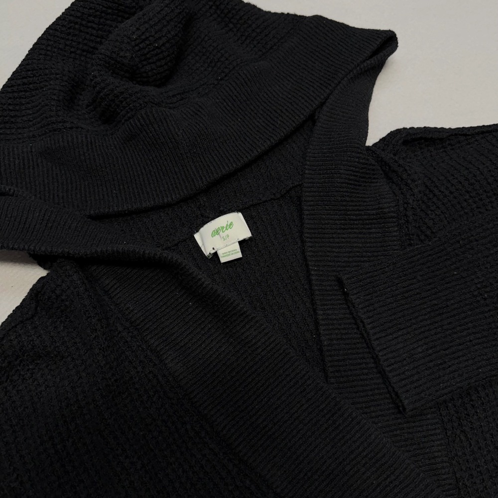 Aerie Womens Waffle Knit Hoodie Sweater Small Black Oversized V-Neck